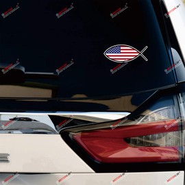 Jesus Fish Christian USA American Flag Decal Vinyl Sticker - 3 Pack Glossy, 4 Inches, 5 Inches, 6 Inches - for Car Boat Laptop Cup