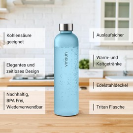 Vinsun Trinkflasche 1l blau - wiederverwendbar nachhaltig, Kohlensäure geeignet, BPA frei, Tritan - Sport Flasche für Outdoor, Schule, Uni, Fahrrad, Büro, Gym