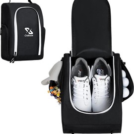 Golkcurx Golf Shoe Bag for Travel Zippered Sport Shoe Carrier Bags with Side Accessory Pockets for Socks, Tees, Golf Balls（Grey） - Color: Black