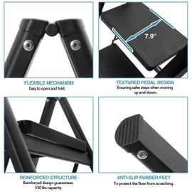 BOCOM 4 Step Ladder, Lightweight Portable Foldable Collapsible Folding Sturdy Iron Metal Step Stool with Anti-Slip Wide Pedal, Heavy Duty 330 lbs Capacity, for Home, Kitchen, Closet, Adults, Black