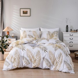 Hnayet Double Size Golden Leaf Duvet Cover Set,Premium Microfiber Bedding Set with Zipper Closure Corner Ties,Luxury Bedroom Decor,1 Duvet Cover + 2 Pillowcases,200 x 200 cm