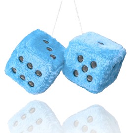 Fuzzy Plush Dice for Car Mirror, Pair of Retro 3” Light Blue Dice with Black Dots for Car Interior Hanging Ornament Decoration