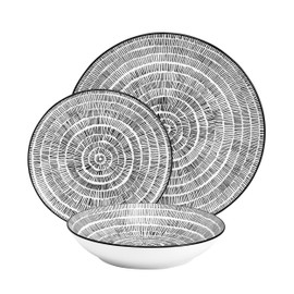 Pfaltzgraff Sketch Serenade Geometric 12 Piece Plates Bowls Dinnerware Set, Black and White