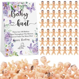 101 Pcs Baby Shower Games Include Paperboard Baby Hunt Sign 100 Mini Plastic Babies Tabletop Sign Tiny Babies Funny Prizes for Gender Reveal Party Favors (Purple,Butterfly)