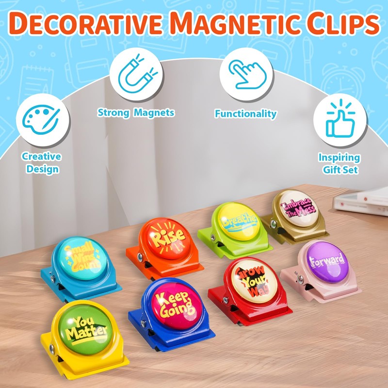 8 Pack Magnetic Clips with Encouraging Phrases - Decorative Fridge