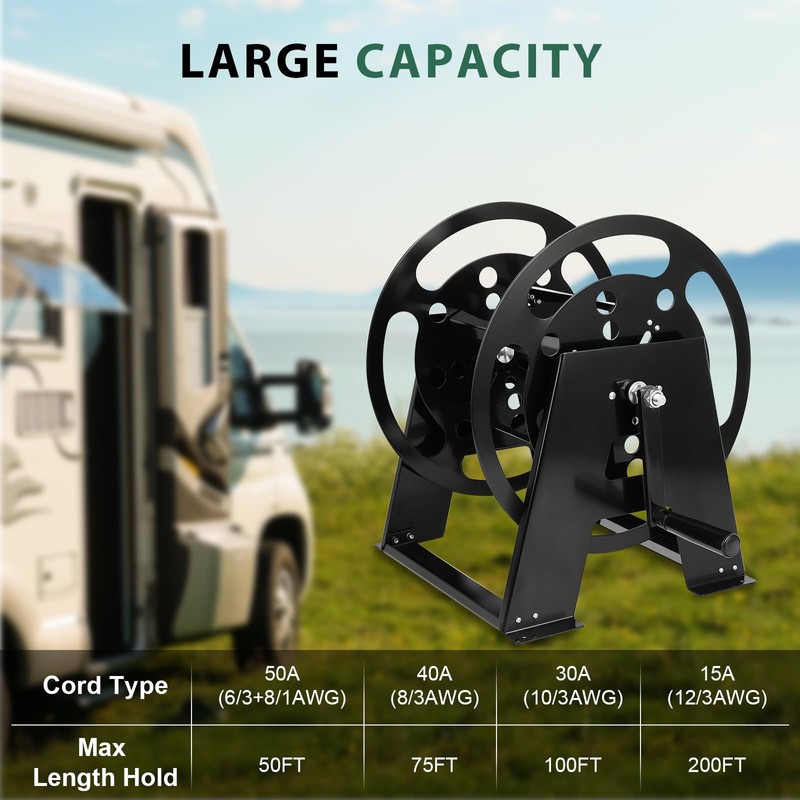 RV Extension Cord Storage Reel, Mountable Metal Reel Frame Holds