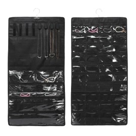 uxcell Dual-sided Hanging Jewelry Organizer with 48 Pockets and 8 Hook Loops, Over the Door Jewelry Organizer Wall Mounted Necklace Holder for Closet Earrings Bracelets Rings, Black