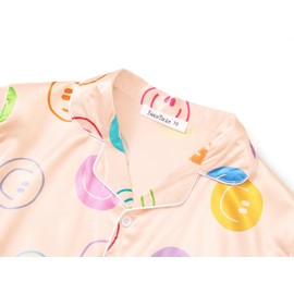 Beezizac Pajama for Girls Satin Silky Short Sleeve & Pants Set Faces Peach Comfy Soft Kid Sleepover PJS 2-Piece Size 12