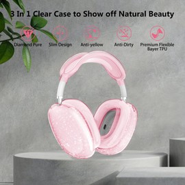 Aircawin for AirPods Max Case - Clear Pink Glitter, 3 in 1 Soft TPU Ear Cups & Headband Cover