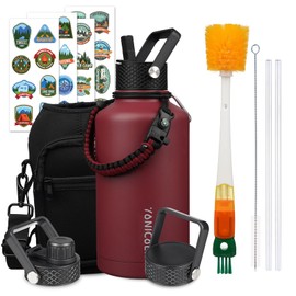 YONICOER Insulated Water Bottle 64oz,Triple Wall Vacuum Stainless Steel(Dishwasher Safe),Leak Proof & Non-BPA,Flask Jug with Paracord Handle & Straw Spout Lids Sports Red