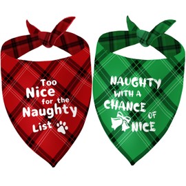 BlissBud Christmas Dog Bandana Set Naughty and Nice Holiday Designs 2 Pack Plaid and Funny Pet Scarves for Medium and Large Dogs, Medium