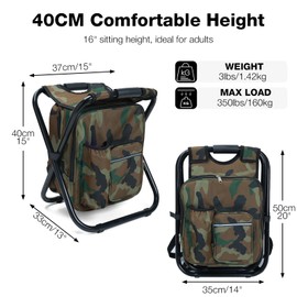 Outplea Portable Backpack Stool, Lightweight Folding Cooler Chair Camp Stool with 15L Integrated Cooler Bag for Adults Heavy Duty 350lbs, Foldable Foot Rest for Travel Fishing Camping Hiking