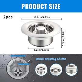 Kitchen Sink Strainer, 2 Pieces Sink Strainer Stainless Steel Sink Plug with Anti-Clogging Basket, Drain Plug with Strainer for Sink Bore 76-81 mm, Depth > 40 mm
