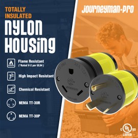 Journeyman-Pro NEMA TT-30P, 30 Amp, 125 Volt, Straight Blade Male RV Trailer Plug Connector, Black/Yellow Industrial Grade, Grounding 3750 Watts Generator TT30 (TT30P+TT30R Combo YLW)