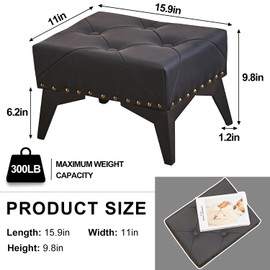 Cpintltr Small Footstool Ottoman, Leather Riveted Footrest Ottoman with Iron Legs, Rectangle Foot Stools with Non-Slip Pads, Small Rectangular Step Stool Bedside for Living Room Couch Bedroom, Black
