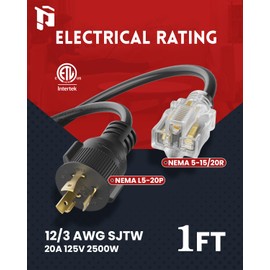 PLUGTUL NEMA L5-20P to NEMA 5-15/20R Adapter Cord 1 FT, Household Twist-Lock Converter Adapter, 20A Male to 15A Female Extension Cord, 12 Gauge, 125V 15A 1875W, SJTW, Black, ETL Listed