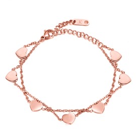 Kim Johanson Love Stainless Steel Women's Anklet in Rose Gold | Double Anklet with 7 Heart Pendants | Women Boho Jewellery | Waterproof | Heart Anklet | Coins | Adjustable Including Jewellery Bag,