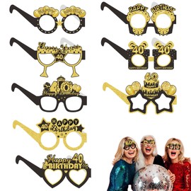 40th Birthday Party Paper Glasses, 16-Pack, 8 Unique Styles, Fun Photo Props for Milestone Celebrations, Unisex Design