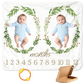 Baby Monthly Milestone Blanket Twins Month Blanket for Newborn Boys & Girls, Soft Flannel Mat with Photo Prop for Baby Shower, Neutral 51x40 Inches