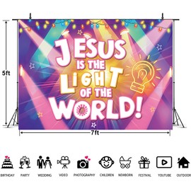 VBS 2026 Bible Lighting Backdrop Jesus is the Light of the World Vacation Bible School Photography Background Colorful Stage Lights for Church Camp Christian Party Decoration 7x5FT