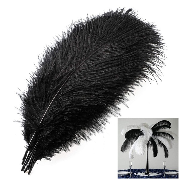 MWOOT Pack of 10 Natural Ostrich Feathers, Bouquet Feather Plume for Wedding Party Table Centrepiece Decoration (Black, 25-30 cm)