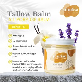 Sunrise Natural Care Honey and Tallow Balm - Body and Face Moisturizer - 100% Grass Fed Beef Tallow - 4 ounces - Lavender + Vanilla