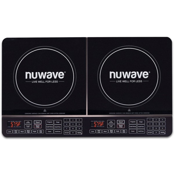 Nuwave Double Induction Cooktop, Powerful 1800W, 2 Large 8” Heating Coils, Independent Controls, 94 Temp Settings from 100°F to 575°F in 5°F Increments, 2 x 11.5” Shatter-Proof Ceramic Glass Surface