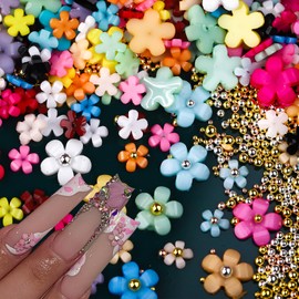 ROFIBUT 3D Flower Nail Charms Shiny Faux Pearl Round Beads DIY Resin Colorful Flowers Nail Decoration Spring Cherry Blossom Nail Gems Mix Sized Floral Nail Art Rhinestones for Women Girls 1000Pcs