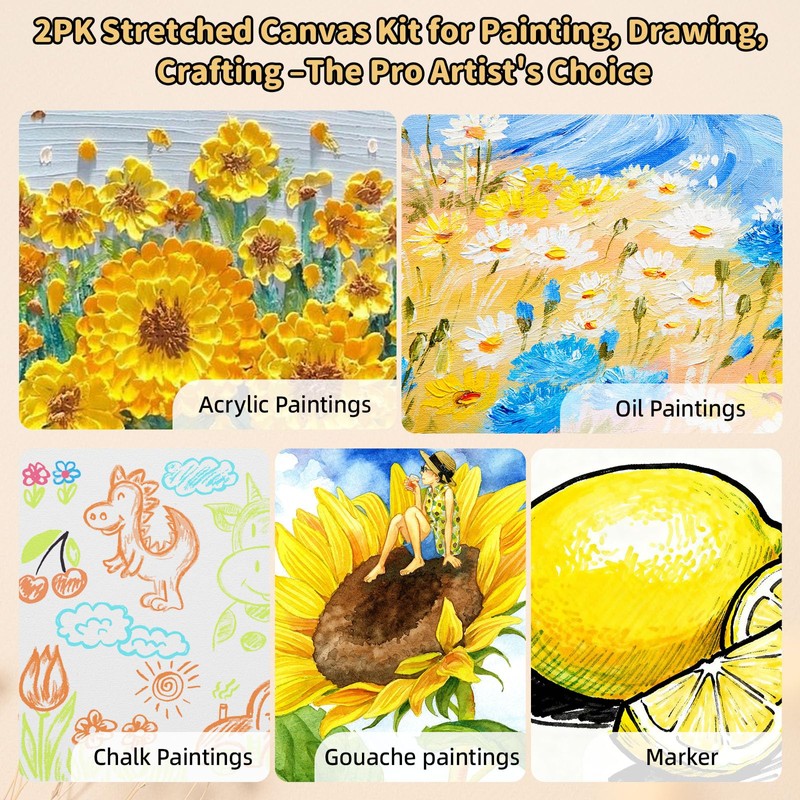 2-Pack 24x36 Stretched Canvas 13.4oz Warp-Resistant for Oil & Acrylic