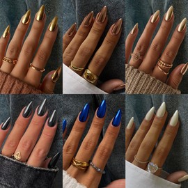 6 Pack Chrome Press On Nails Almond, KQueenest Acrylic Press On Nails Medium Stiletto, Glitter Metallic Fake Nails Press Ons Design, Cute Glazed Glue On Nails for Women Christmas Gift 144 Pcs