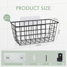 LIGHT DUST Wire Hanging Wall Basket, 4 Black Baskets Set, Adhesive Wall Mount Organizer for Pantry Kitchen RV Bathroom Cabinet Storage Organization