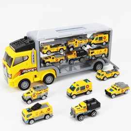 Camion Juguete de Vehículos, 7 en 1 Carritos para Niños con 6 Mini Coches, Portátil Vehículos para Niños, Trailer de Juguete de Cumpleaños Fiesta de Navidad Regalo (Bomberos, Amarillo)