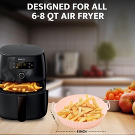 Air Fryer Silicone Pot, Reusable Air Fryer Silicone Insert Fit 6-8 QT Air Fryer, 2-Pack Square Silicone Air Fryer Liner, 8-Inch round Air Fryer Liner, Heat Resistant Food Safe (PINK+BLUE)