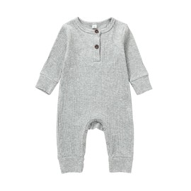 MAHUAOYIXI Infant Baby Boy Girl Solid Color Romper Knit Ribbed Full Length Jumpsuit Newborn Boys' Long Sleeve Bodysuits Button Up Long Pants Fall Winter One-Piece Outfits (Gray, Newborn)