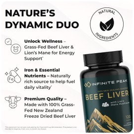 Natural Energy & Focus for High Performing Professionals w/Grass Fed Beef Liver Capsules w/Lions Mane | Grassfed Beef Liver Supplement Supports Full Body Wellness & Iron Levels | 30 Serving-120 Cnt