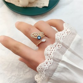 Evil Eye Open Rings for Women Girl Gold Plated Cubic Zirconia Butterfly Statement Fashion Cute Stackable Adjustable Finger Band Turkish Faith Protection Lucky Eternity CZ Jewelry Gift Birthday Xmas