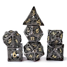 BESCON DICE Hollow D&D Metal Dice with 3D Dragon Function, Dungeons and Dragons Dice Set in Black Nickel + Gold Lettering Dice for RPG, MTG, Pathfinder Games