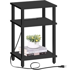 TUTOTAK End Table with Charging Station, Side Table with USB Ports and Outlets, Nightstand, 3-Tier Storage Shelf, Sofa Table for Small Space TB01BK042