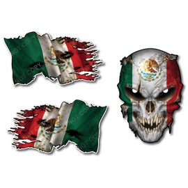 Decals by Haley Mexico Country Flag Skull Decal w/Reflective Eyes Mexican Pride for Car Truck SUV Body Side Window & Windshield - Army Military Decals for Helmet Hardhat Toolbox Latino Latina
