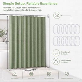 Sage Green Waffle Shower Curtain, Waffle Texture Green Bathroom Curtain with 12 Plastic Hooks, Waterproof Window Drapes, Washable Thick Polyester Cloth Bath Curtain, Mould Resistant, 183 × 183 CM