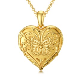 SOULMEET 18k Gold Plated Silver Butterfly Heart Shaped Locket Necklace That Holds 2 Picture，Memorial Gift for Women 20" (Locket only)