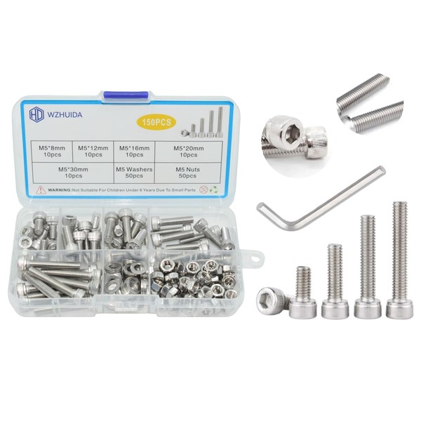 WZHUIDA 150 Piece M5 Screws Set, Cylinder Screws with Nuts
