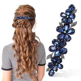 Navy Diamante Hair Clips for Women, Sparkly Rhinestone Flower Bridal Barrettes Crystal Wedding Diamanté Bridal Hair Accessories for Bride Prom Flower Girls Long Hair(Blue)