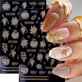 Fall Nail Stickers Self Adhesive Glitter Gold Nail Art Stickers with 3D Diamond Maple Leaves Pumpkin Nails Design Thanksgiving Nail Decals Maple Leaf Manicure Supplies for Women Autumn Decor 2 Sheets