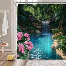 Tropical Landscape Shower Curtain,Waterfall Forest Flower Jungle Lake Nature Scenery Green Blue Polyester Bathroom Curtain with 12 Hooks,70x70 Inch