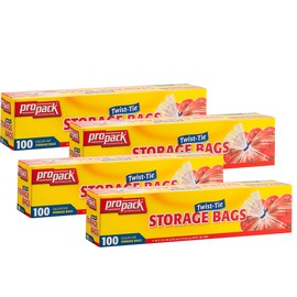 ProPack Disposable Plastic Storage Bags with Original Twist Tie, 1 Gallon Size, 400 Bags, Great for Home, Office, Vacation, Traveling, Sandwich, Fruits, Nuts, Cake, Cookies, Or Any Snacks (4 Packs)