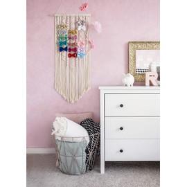 Mkono Macrame Bow Holder Hanging Hair Bow Organizer for Girls Hair Bows,Boho Wall Hair Clips Headband Storage Hanger for Baby Toddler Girls Room, Ivory (Clips and Other Props Not Included)