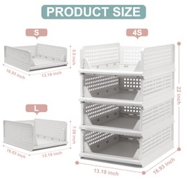 Stackable Foldable Storage Baskets, Folding Storage Bins, Closet Organizers and Plastic Drawer Shelf Storage Container for Wardrobe, Cupboard, Kitchen, Bathroom, Office (White, 4S)