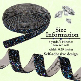 Nubarssy Self Adhesive Black Resin Rhinestone Strips Rhinestones Ribbon，4 Yards Bling Crystal Ribbons Diamond Sticker Applicable to Wedding Birthday Christmas Party DIY Crafts (Black AB)