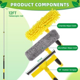 Opow 144'' Long Reach Window Squeegee with Telescoping Extension Pole,2 in 1 Shower Cleaning with Telescopic Pole,Extension Washing Tool with Rotatable Clean Head for Indoor/Outdoor High Window Glass